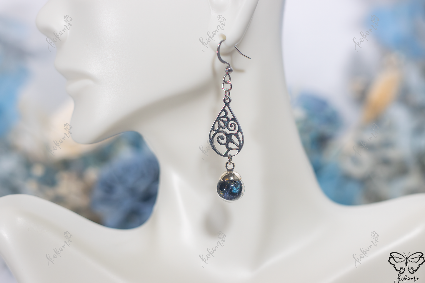 Cobalt Galaxy Silver Intricate Drop Earrings